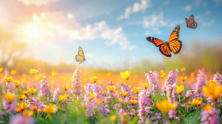 mariposas coloridas volando sobre flores vibrantes