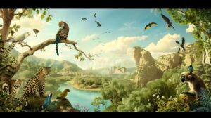 naturaleza vibrante con paisaje y animales